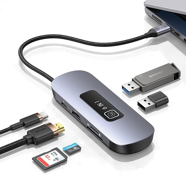 USAMS Adapter HUB 6в1 USB 3.0/USB-C/SD/USB-A/HDMI, сив
