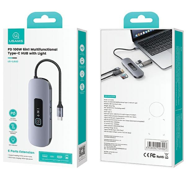 USAMS Adapter HUB 6в1 USB 3.0/USB-C/SD/USB-A/HDMI, сив