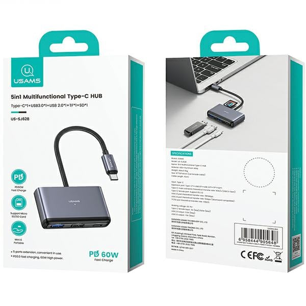 USAMS адаптер HUB 5в1 2.0/3.0/SD, сив