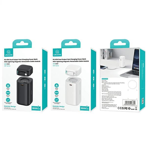 USAMS Powerbank със сгъваем Lightning кабел Retractable 18000 mAh Fast Charge XMF Series, черен