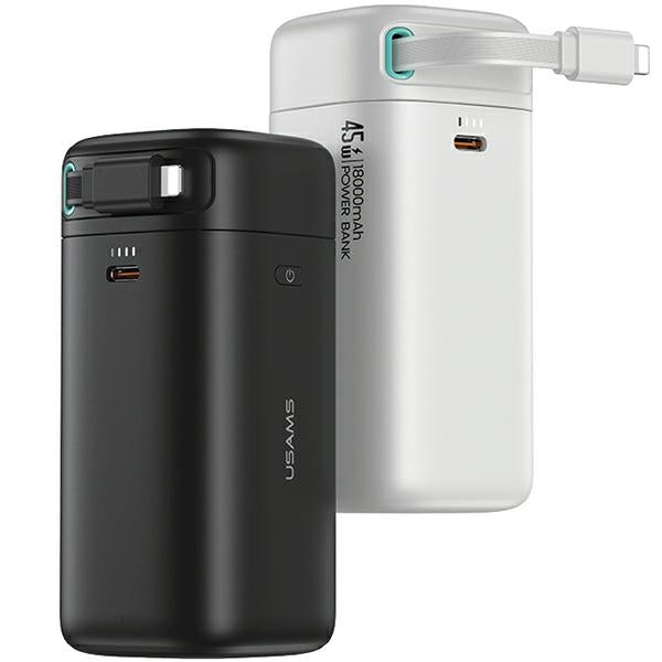 USAMS Powerbank XMF Series със свиваем кабел Lightning 18000 mAh, бързо зареждане, бял