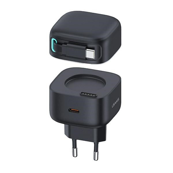 Зарядно USAMS XMF Series Retractable със свиваем кабел PD+QC 35W GaN Fast Charging, черно
