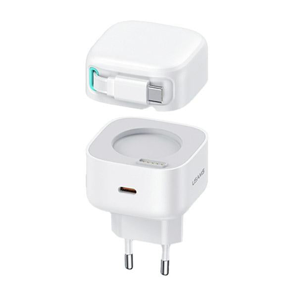 Зарядно USAMS XMF Series Retractable PD+QC 35W GaN Fast Charging със събиращ се кабел, бяло