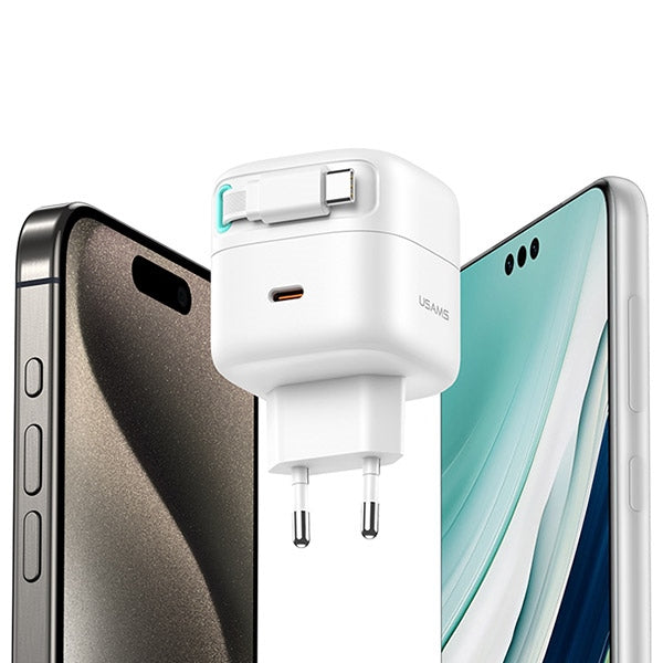 Зарядно USAMS XMF Series Retractable PD+QC 35W GaN Fast Charging със събиращ се кабел, бяло