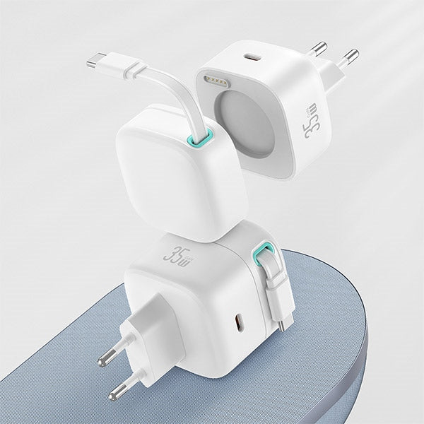 Зарядно USAMS XMF Series Retractable PD+QC 35W GaN Fast Charging със събиращ се кабел, бяло