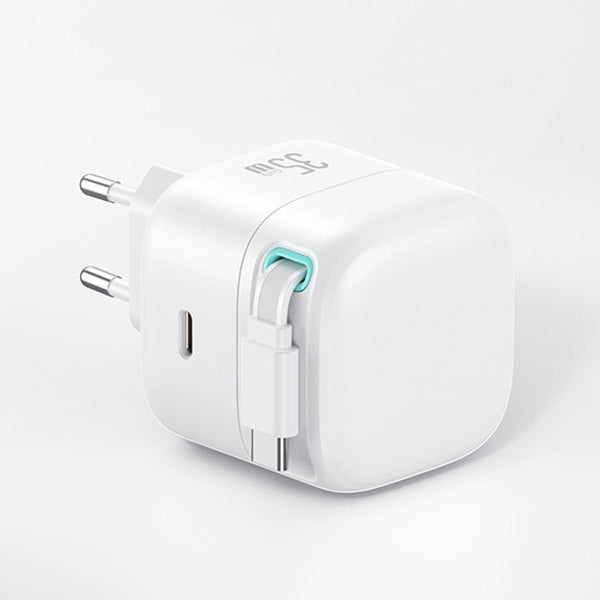 Зарядно USAMS XMF Series Retractable PD+QC 35W GaN Fast Charging със събиращ се кабел, бяло