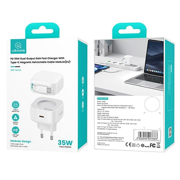Зарядно USAMS XMF Series Retractable PD+QC 35W GaN Fast Charging със събиращ се кабел, бяло
