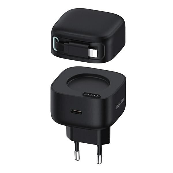 Зарядно USAMS със свиваем кабел Lightning Retractable PD+QC 35W GaN Fast Charging XMF Series, черно