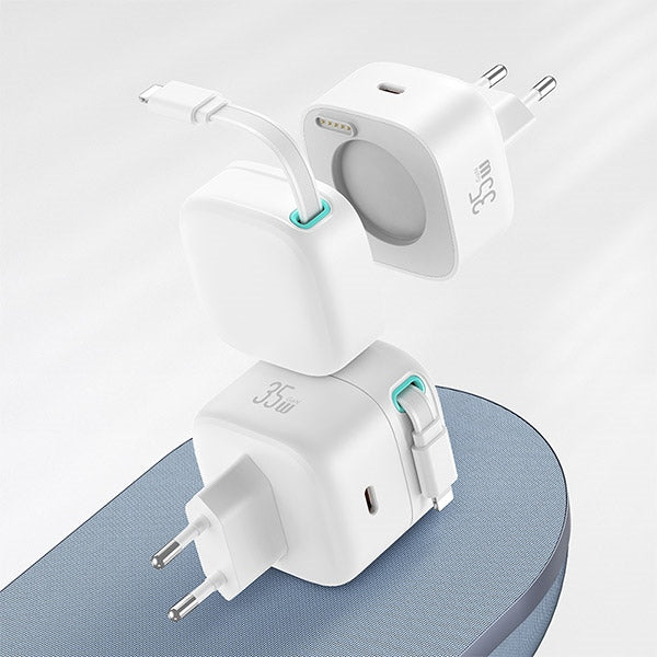 Зарядно USAMS със свиваем кабел Lightning Retractable PD+QC 35W GaN Fast Charging XMF Series, черно
