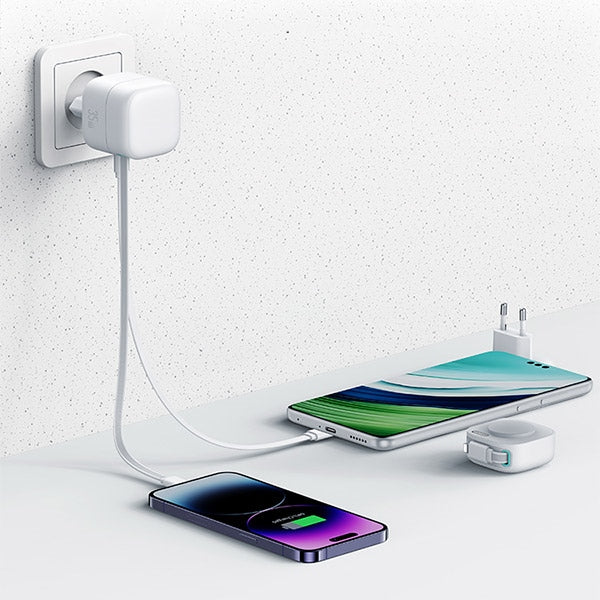 Зарядно USAMS със свиваем кабел Lightning Retractable PD+QC 35W GaN Fast Charging XMF Series, черно