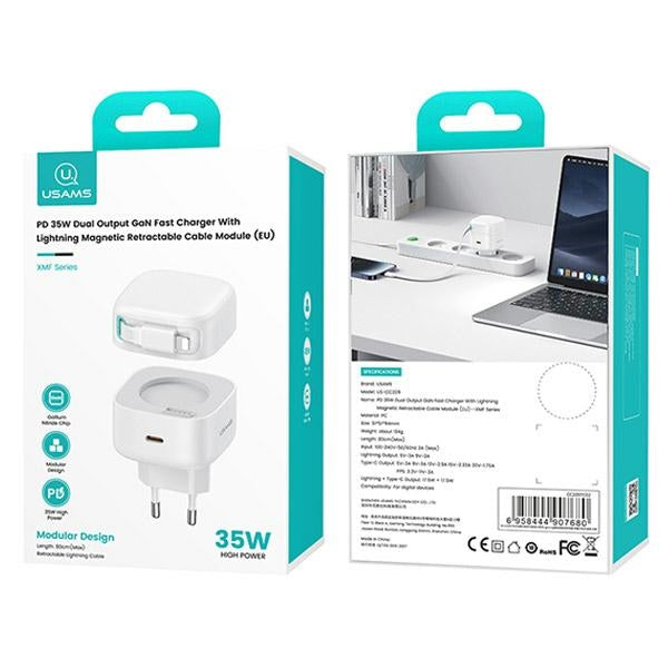 Зарядно USAMS със свиваем кабел Lightning Retractable PD+QC 35W GaN Fast Charging XMF Series, черно