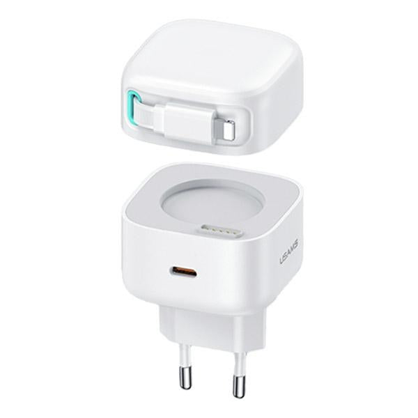 Зарядно USAMS с убираем кабел Lightning Retractable PD+QC 35W GaN Fast Charging, бяло, XMF Series
