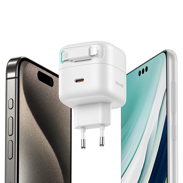 Зарядно USAMS с убираем кабел Lightning Retractable PD+QC 35W GaN Fast Charging, бяло, XMF Series