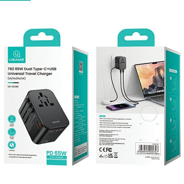 Зарядно USAMS T62 Universal Travel Charger US/AU/EU/UK, черно