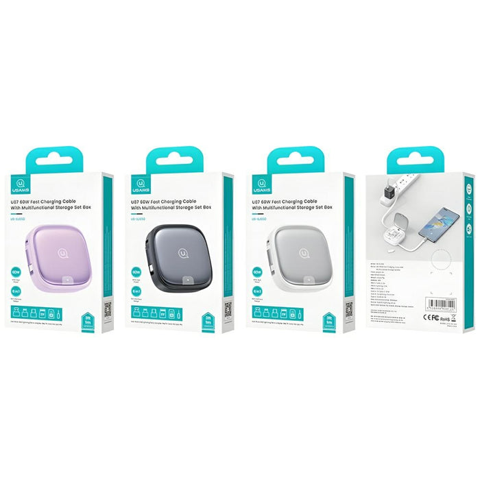 Кабел USAMS разтегаем 3в1 MicroUSB/USB-C/Lightning 60W, сребърен