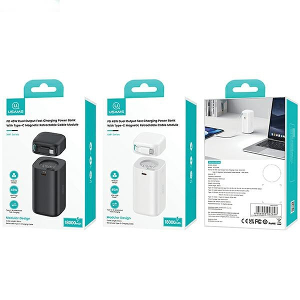 USAMS Powerbank с изтегляем кабел USB-CRetractable 18000 mAh Fast Charge XMF Series, бял