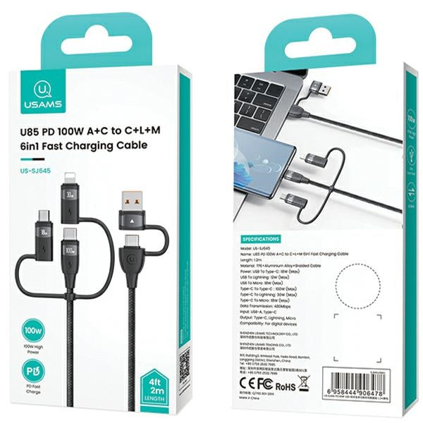 Кабел USAMS U85 6в1 2m PD Fast Charge, лилав