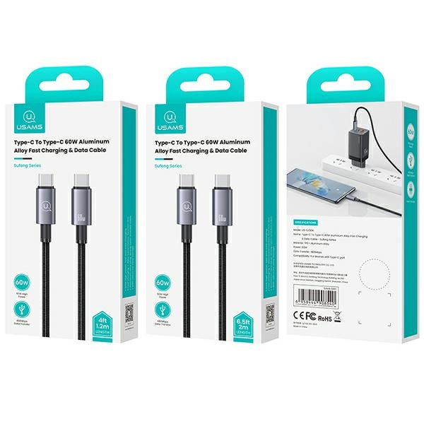 Кабел USAMS USB-C към USB-C 60W 1,2mFastм, стален/потускал SJ661USB01 (US-SJ661)