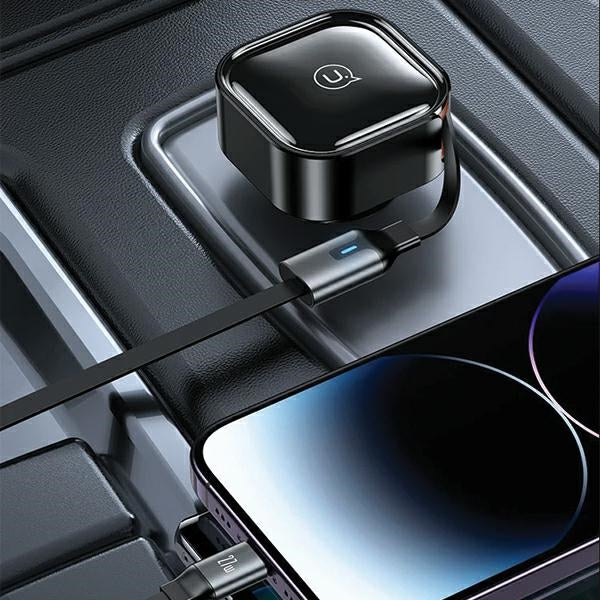 Автомобилно зарядно USAMS със свиваемо kablem1xUSB-C+1x Lightning C41 PD 30W Fast Charge, черно (CC219CC01)