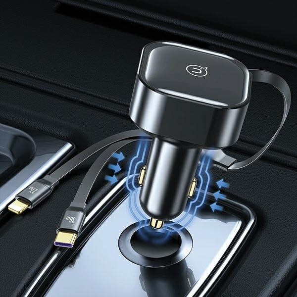 Автомобилно зарядно USAMS със свиваемо kablem1xUSB-C+1x Lightning C41 PD 30W Fast Charge, черно (CC219CC01)