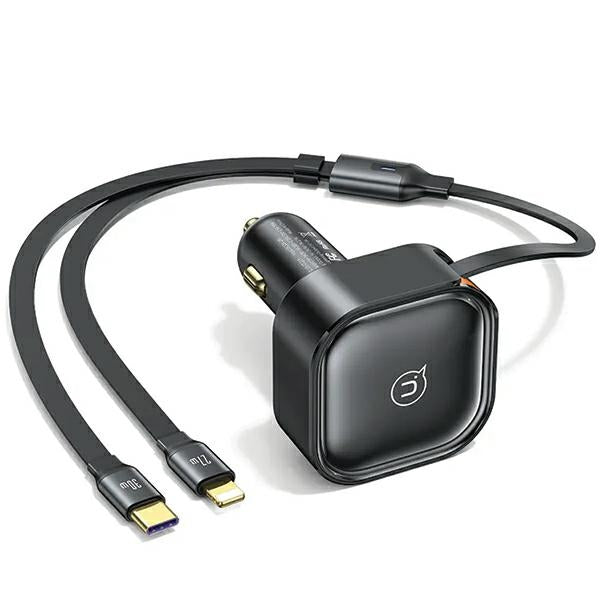 Автомобилно зарядно USAMS със свиваемо kablem1xUSB-C+1x Lightning C41 PD 30W Fast Charge, черно (CC219CC01)