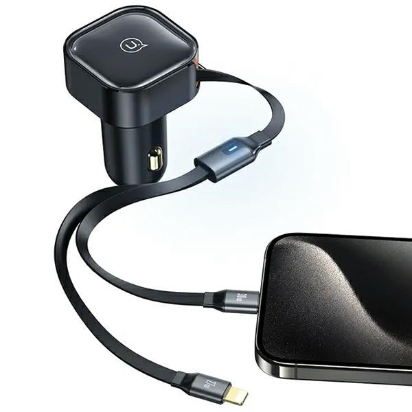 Автомобилно зарядно USAMS със свиваемо kablem1xUSB-C+1x Lightning C41 PD 30W Fast Charge, черно (CC219CC01)