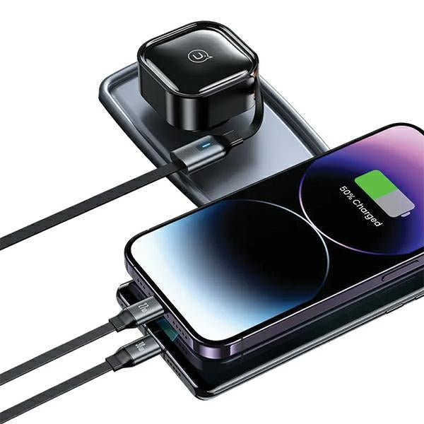 Автомобилно зарядно USAMS със свиваемо kablem1xUSB-C+1x Lightning C41 PD 30W Fast Charge, черно (CC219CC01)