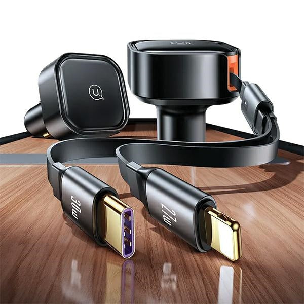 Автомобилно зарядно USAMS със свиваемо kablem1xUSB-C+1x Lightning C41 PD 30W Fast Charge, черно (CC219CC01)