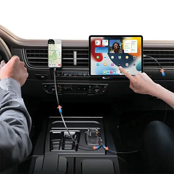 Автомобилно зарядно USAMS със свиваемо kablem1xUSB-C+1x Lightning C41 PD 30W Fast Charge, черно (CC219CC01)