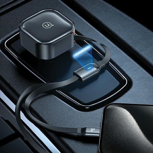 Автомобилно зарядно USAMS със свиваемо kablem1xUSB-C+1x Lightning C41 PD 30W Fast Charge, черно (CC219CC01)