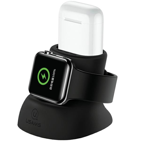 Силиконов стойка 2в1 USAMS за зареждане на Apple Watch и AirPods, черна
