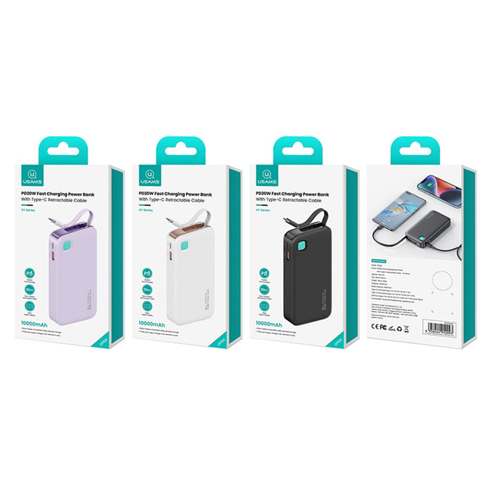 USAMS Powerbank XY Series със сгъваем кабел 10000 mAh PD 20W Fast Charge, лилав
