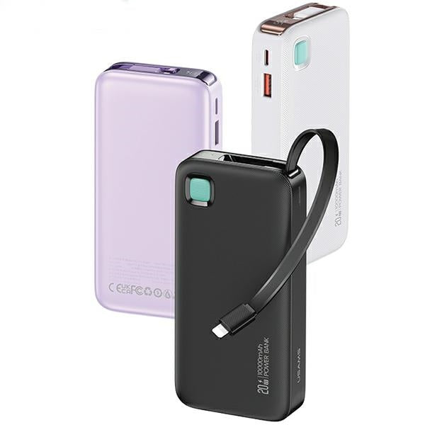 USAMS Powerbank XY Series със свиваем кабел Lightning 10000 mAh, PD 20W Fast Charge, черен