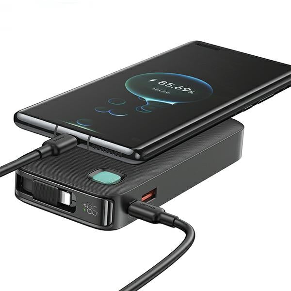 USAMS Powerbank XY Series със свиваем кабел Lightning 10000 mAh, PD 20W Fast Charge, черен