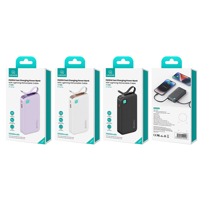 USAMS Powerbank XY Series със свиваем кабел Lightning 10000 mAh, PD 20W Fast Charge, черен