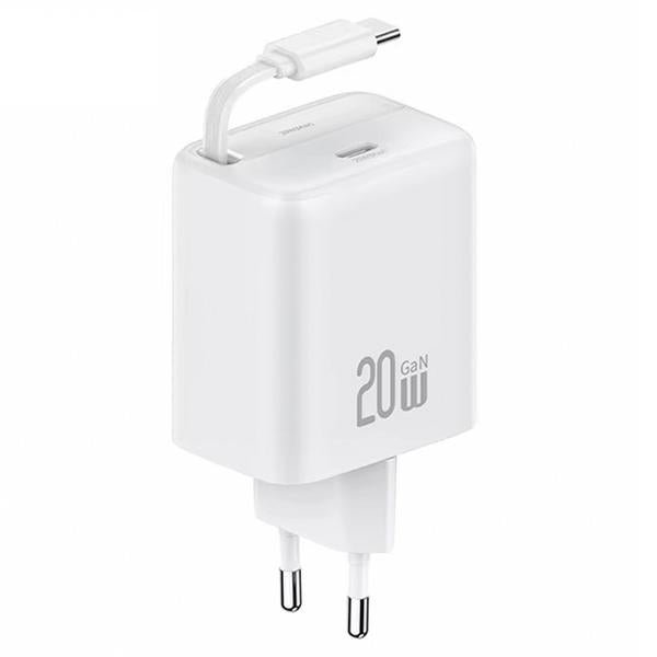 Зарядно USAMS YC Series со свиваем кабел Retractable PD+QC 20W GaN Fast Charging, бяло