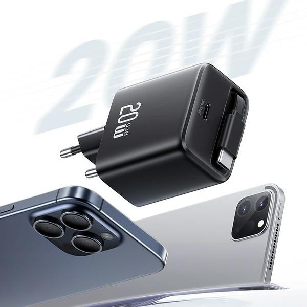Зарядно USAMS YC Series со свиваем кабел Retractable PD+QC 20W GaN Fast Charging, бяло