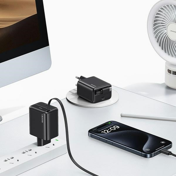 Зарядно USAMS YC Series со свиваем кабел Retractable PD+QC 20W GaN Fast Charging, бяло