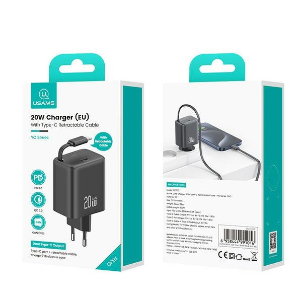 Зарядно USAMS YC Series со свиваем кабел Retractable PD+QC 20W GaN Fast Charging, бяло
