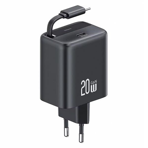 Зарядно USAMS YC Series Retractable с кабел PD+QC 20W GaN Fast Charging, черно
