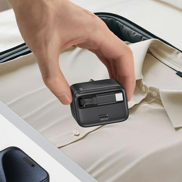 Зарядно USAMS YC Series Retractable с кабел PD+QC 20W GaN Fast Charging, черно