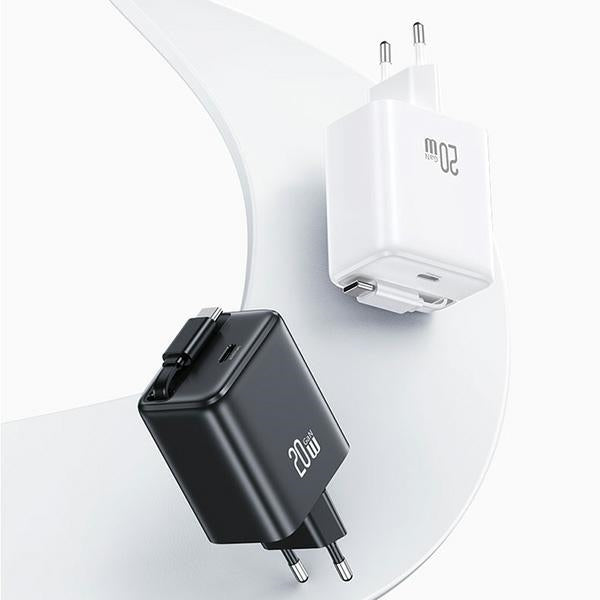 Зарядно USAMS YC Series Retractable с кабел PD+QC 20W GaN Fast Charging, черно