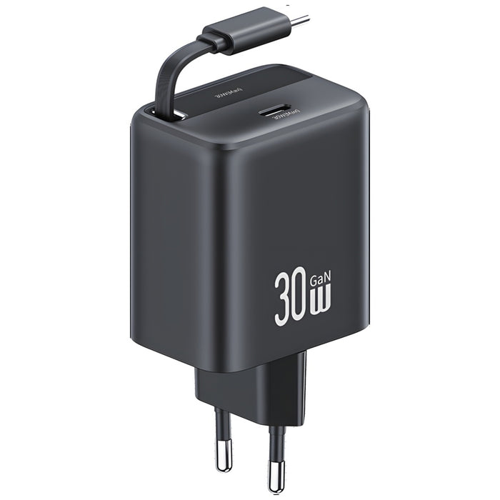 Зарядно USAMS YC Series Retractable PD+QC 30W GaN Fast Charging със свиваем кабел, черно