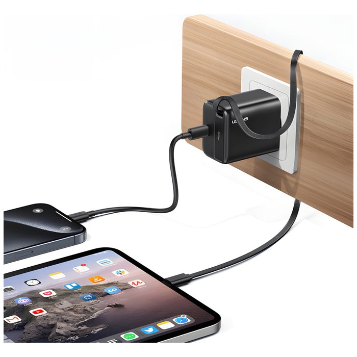 Зарядно USAMS YC Series Retractable PD+QC 30W GaN Fast Charging със свиваем кабел, черно