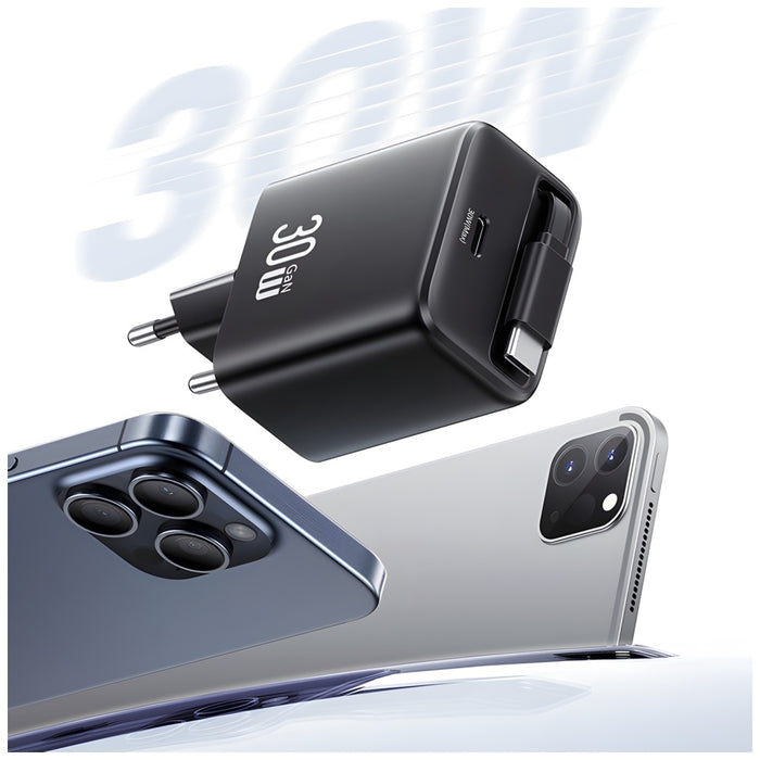 Зарядно USAMS YC Series Retractable PD+QC 30W GaN Fast Charging със свиваем кабел, черно