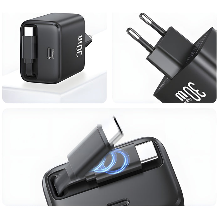 Зарядно USAMS YC Series Retractable PD+QC 30W GaN Fast Charging със свиваем кабел, черно