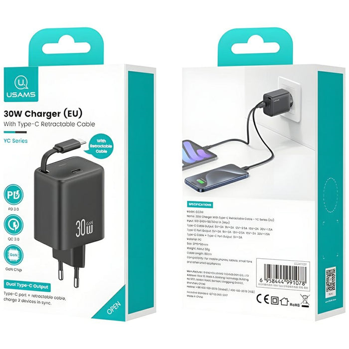 Зарядно USAMS YC Series Retractable PD+QC 30W GaN Fast Charging със свиваем кабел, черно