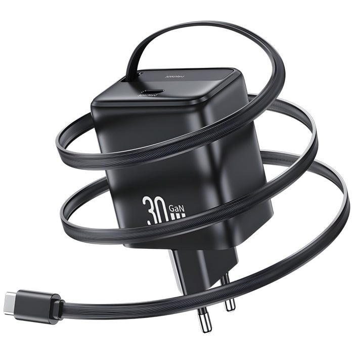Зарядно USAMS YC Series Retractable PD+QC 30W GaN Fast Charging със свиваем кабел, черно