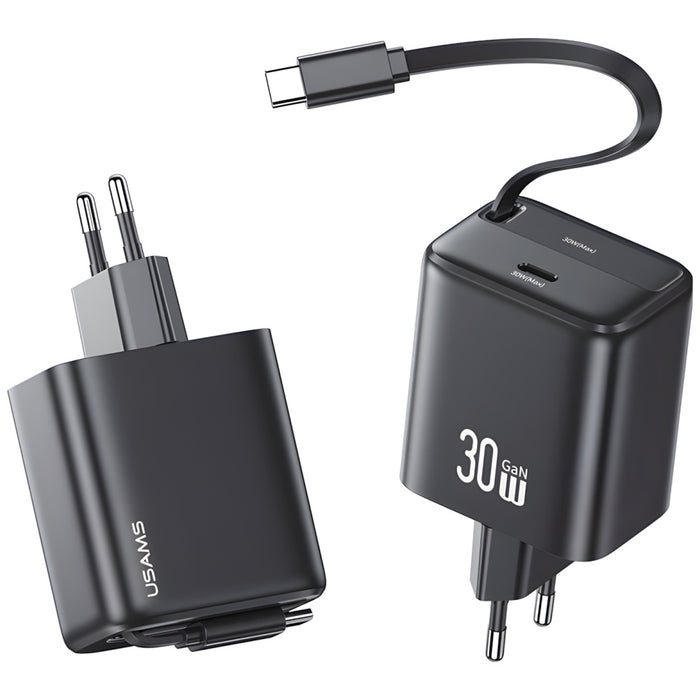 Зарядно USAMS YC Series Retractable PD+QC 30W GaN Fast Charging със свиваем кабел, черно