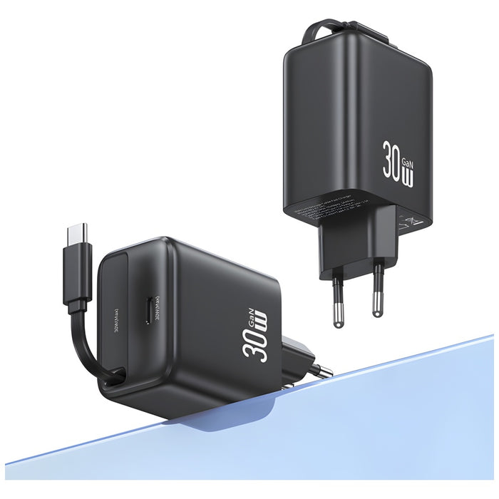 Зарядно USAMS YC Series Retractable PD+QC 30W GaN Fast Charging със свиваем кабел, черно